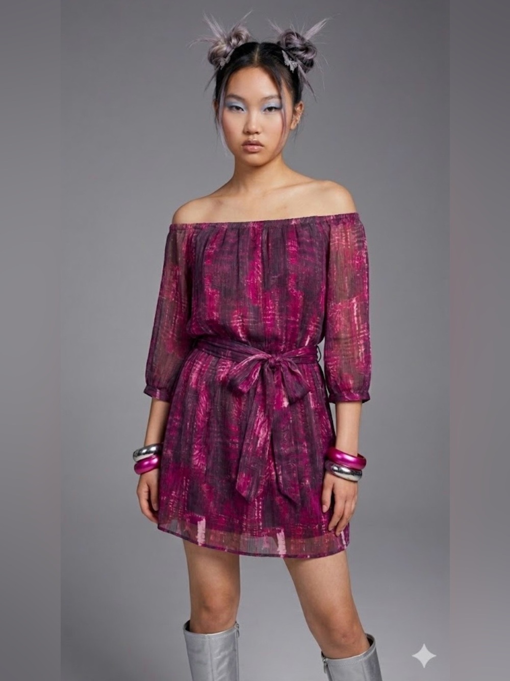 Vintage Y2K H by Heidi Weisel Pleated Watercolor Abstract Mini Dress Sz L